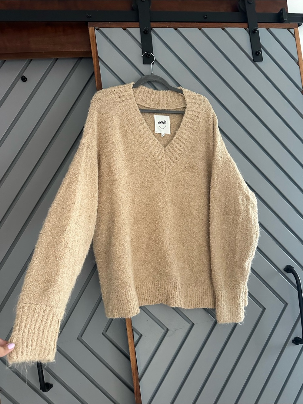 aerie Soft Tan V-Neck Plush Knit Sweater
